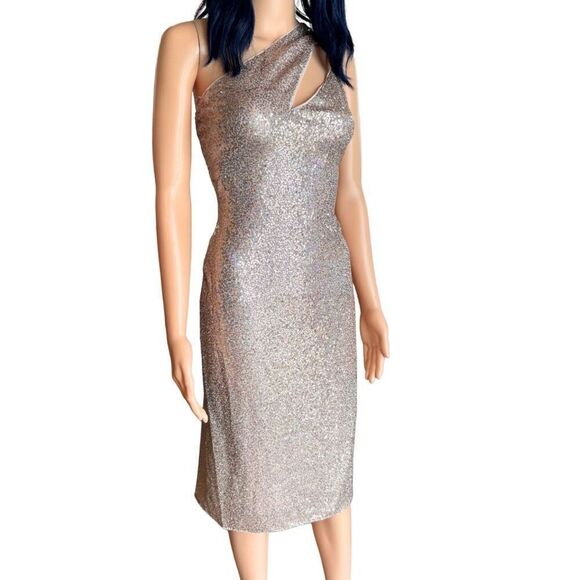 NWT Aqua Formal Gold Sparkly Sequin One Shoulder Dress - Picture 3 of 6